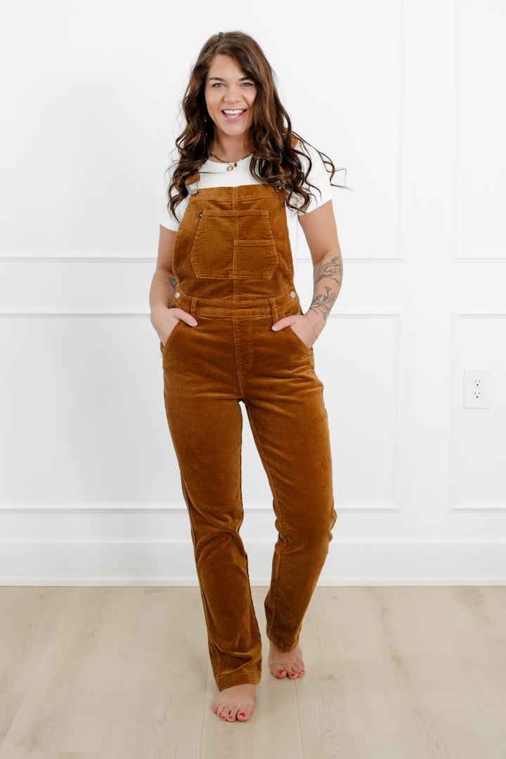 Judy Blue High Rise Camel Corduroy Straight Leg Overalls - Freckled Poppy