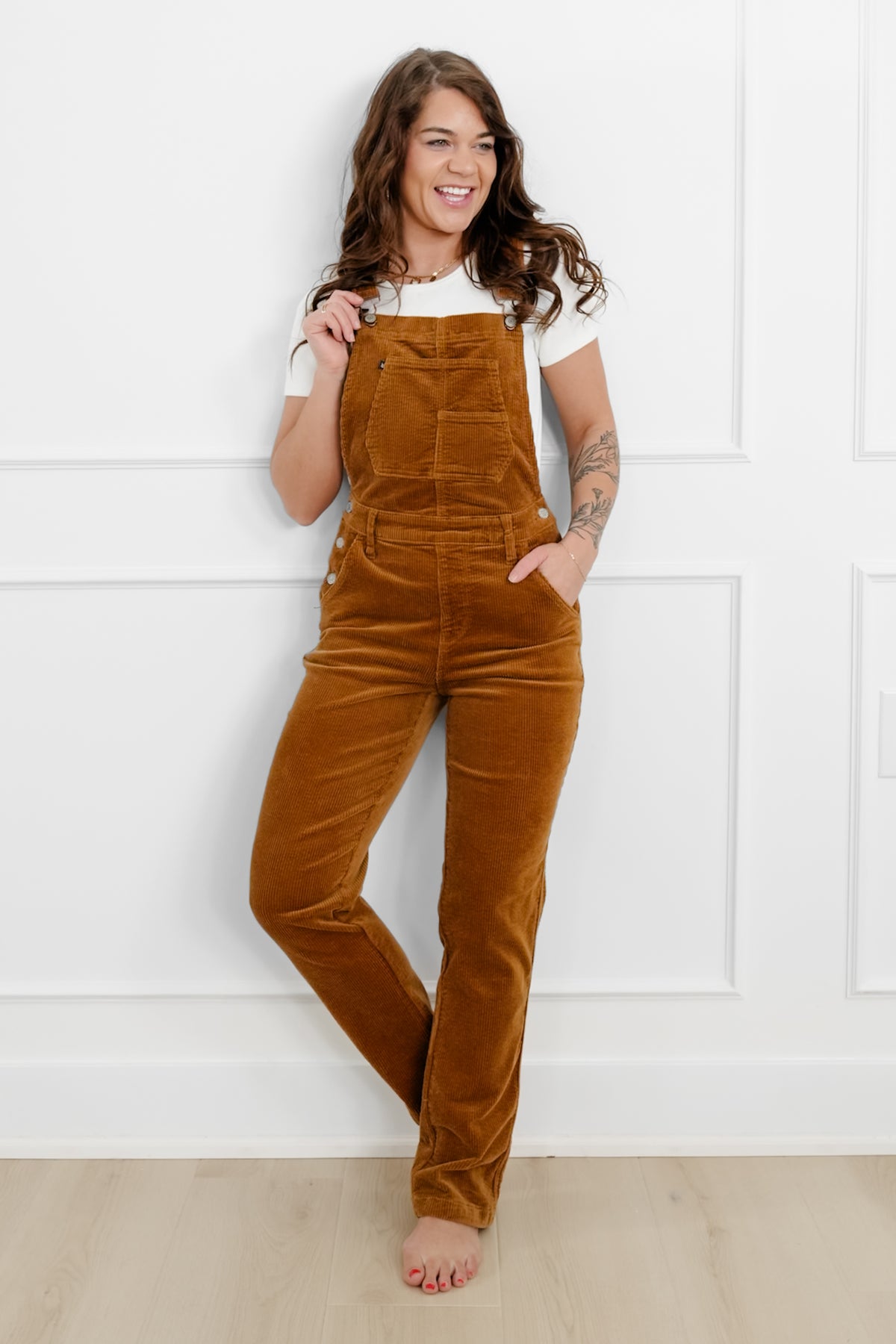 Judy Blue High Rise Camel Corduroy Straight Leg Overalls - Freckled Poppy