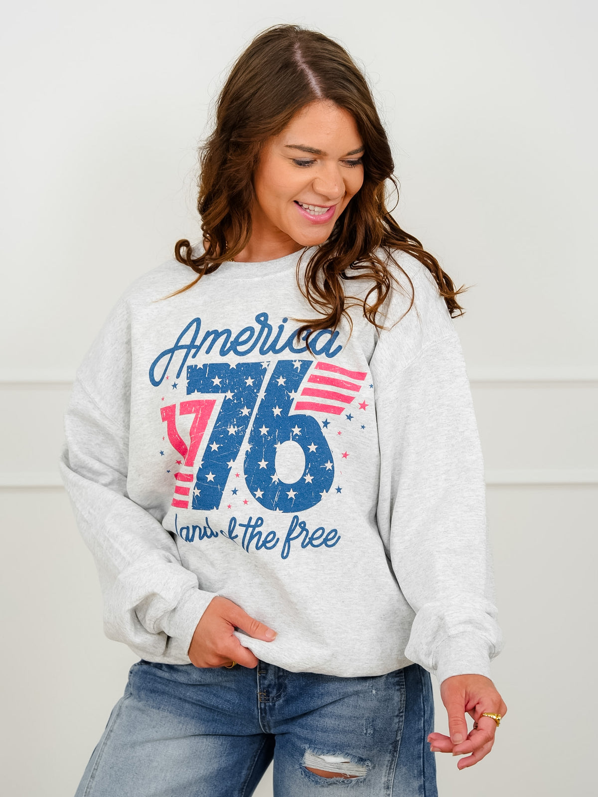 Plus/Reg Long Sleeve "America Land of the Free 1776" Graphic Sweatshirt - Freckled Poppy
