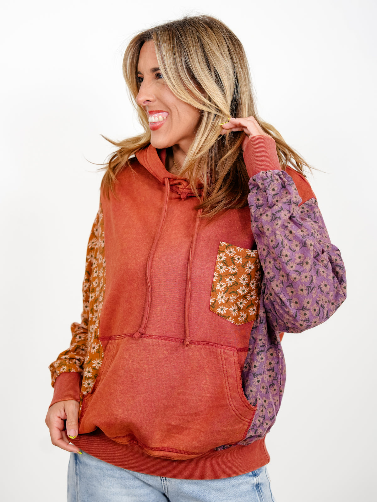Floral Color Block Long Sleeve Pullover Hoodie - Freckled Poppy