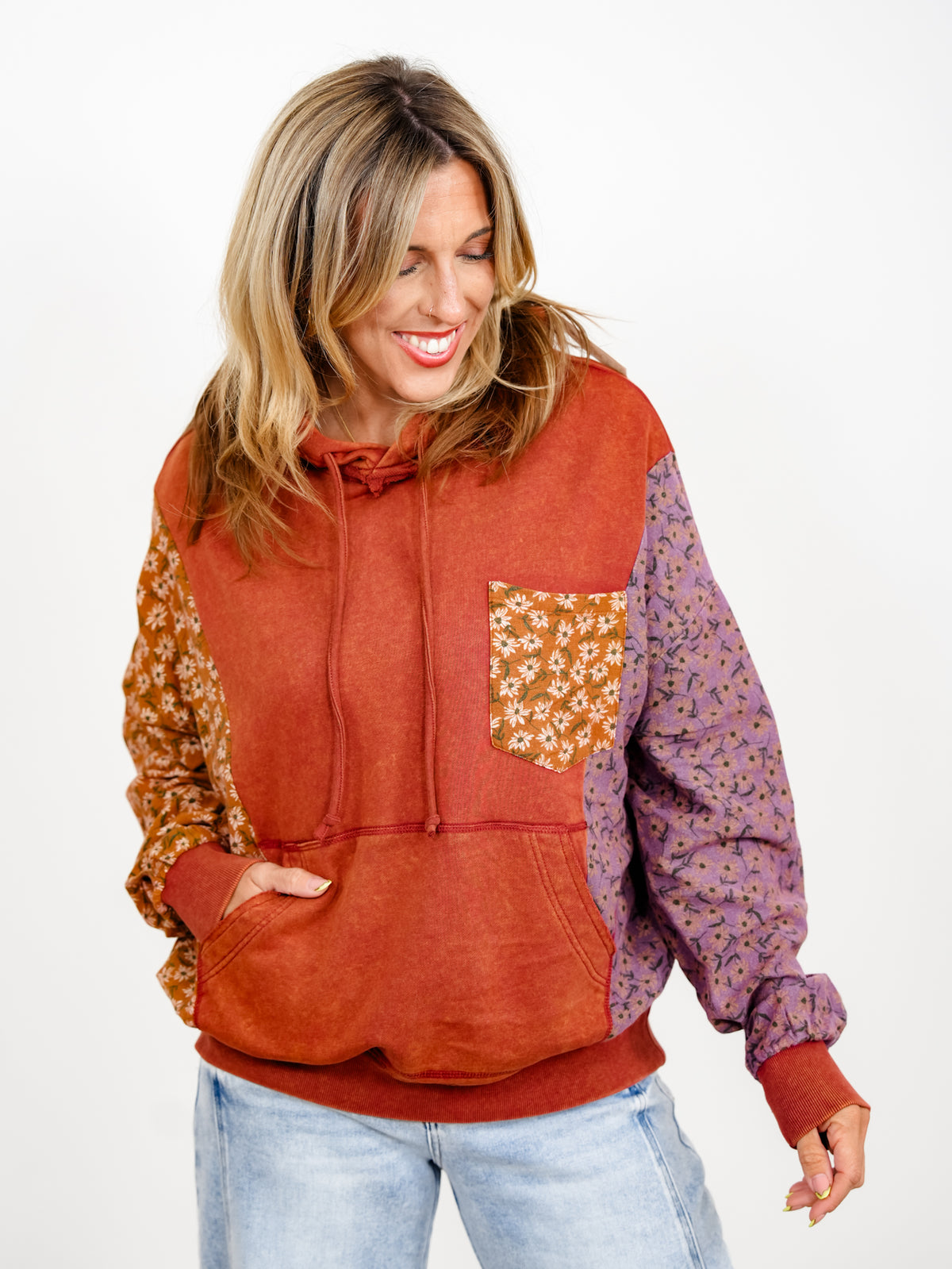 Floral Color Block Long Sleeve Pullover Hoodie - Freckled Poppy