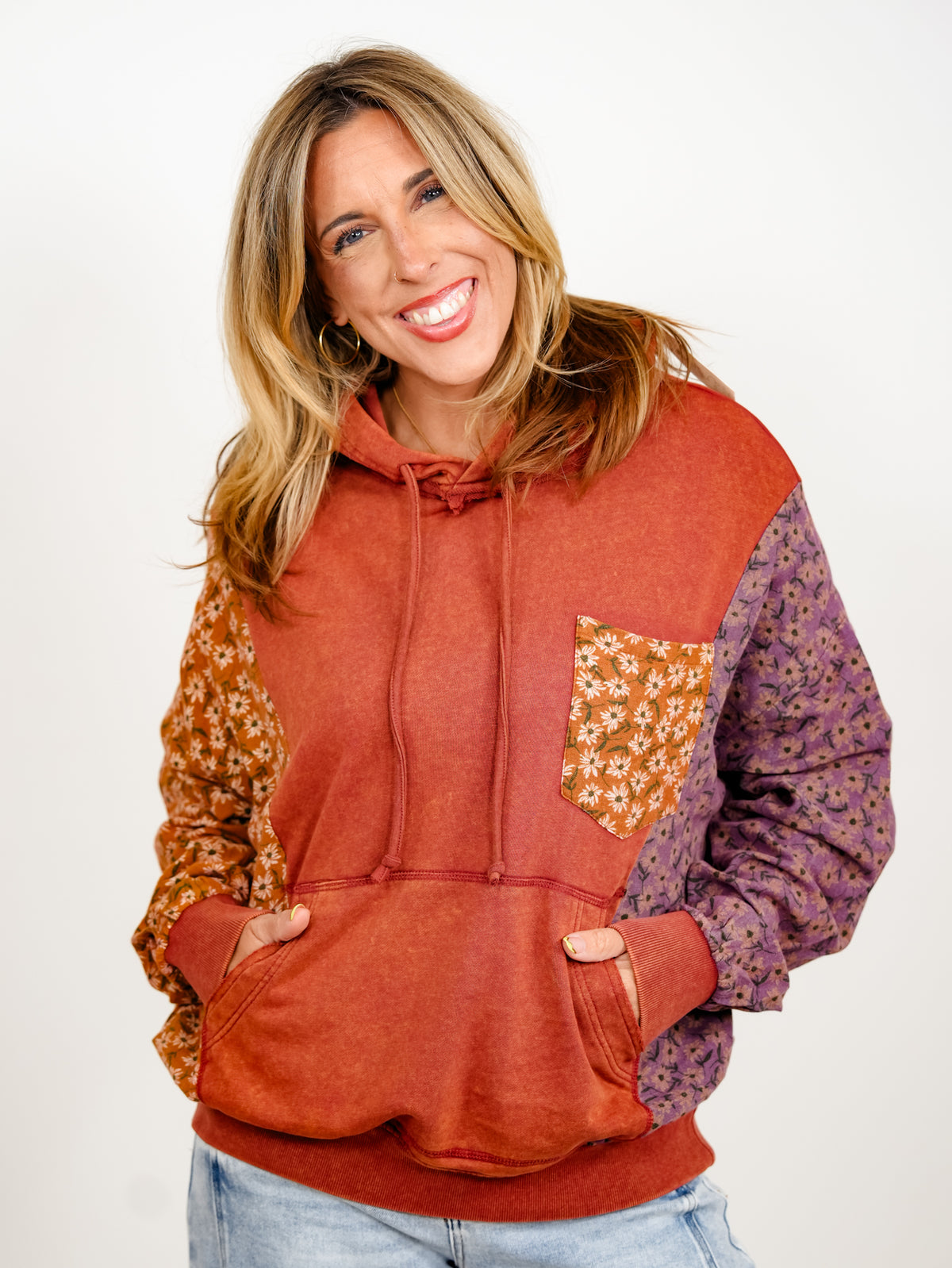 Floral Color Block Long Sleeve Pullover Hoodie - Freckled Poppy