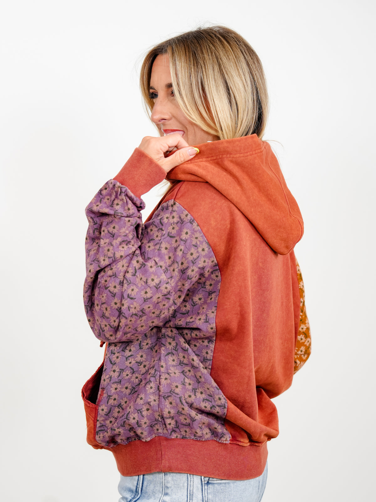 Floral Color Block Long Sleeve Pullover Hoodie - Freckled Poppy