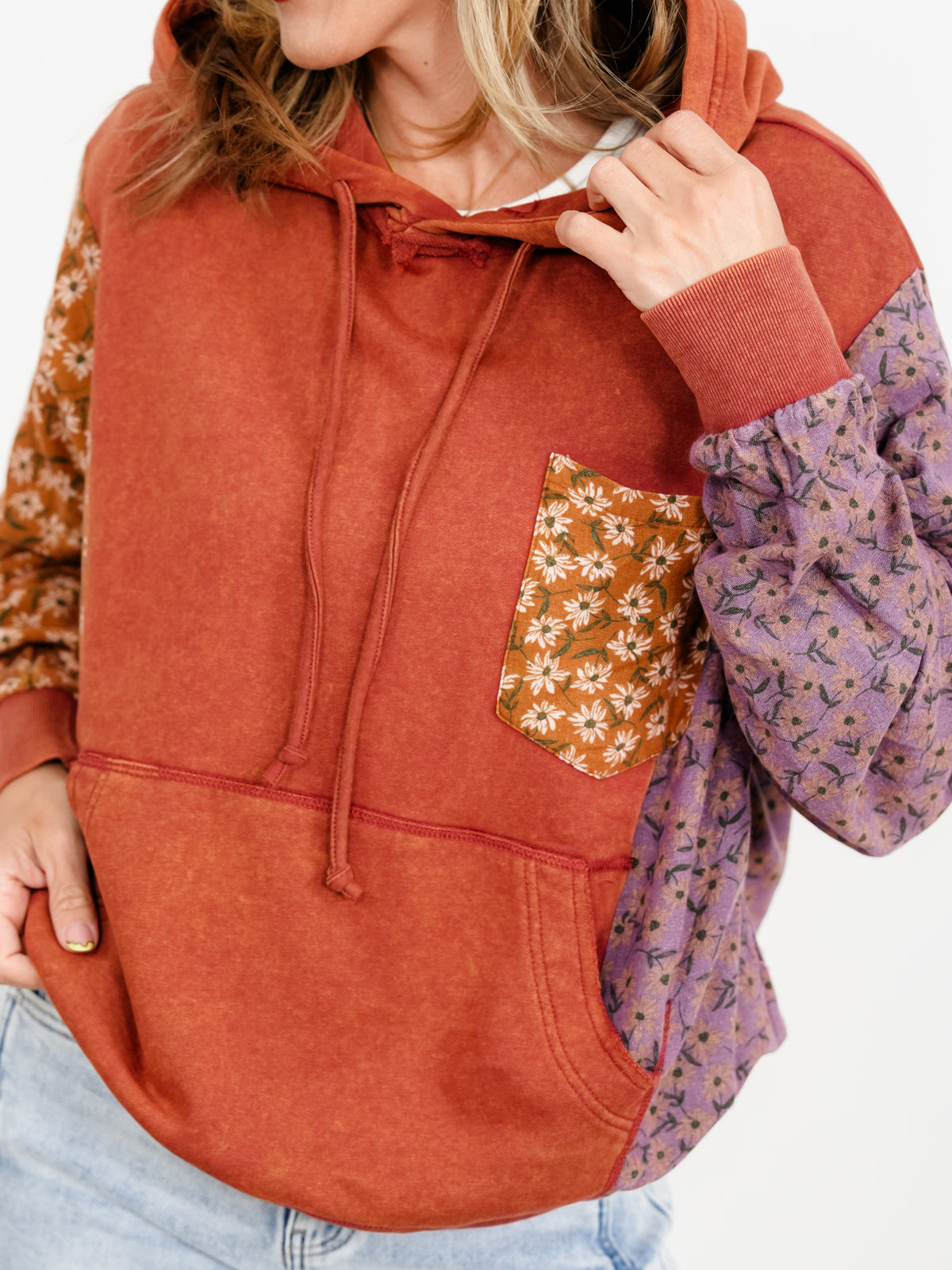 Floral Color Block Long Sleeve Pullover Hoodie - Freckled Poppy