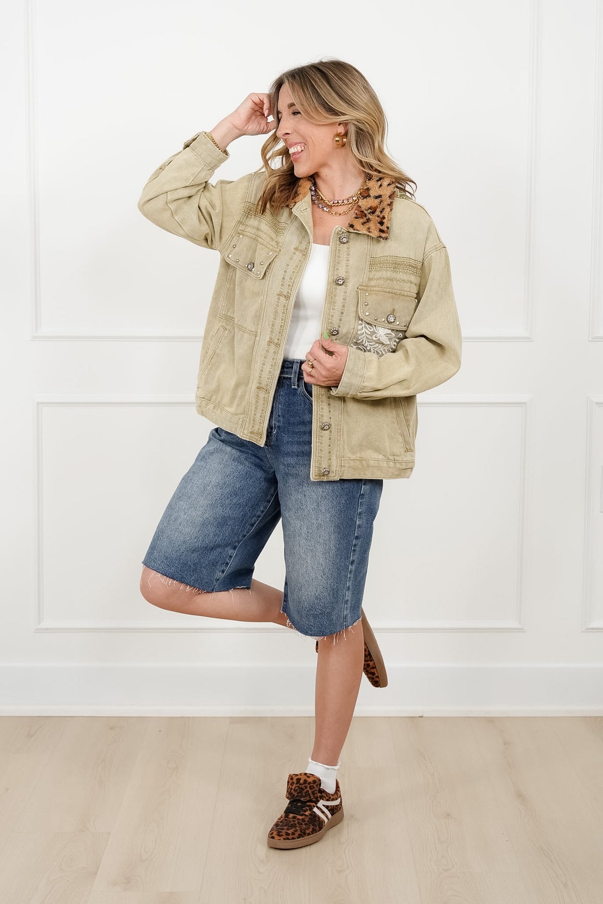 POL Long Sleeve Jacket with Leopard Collar - Freckled Poppy