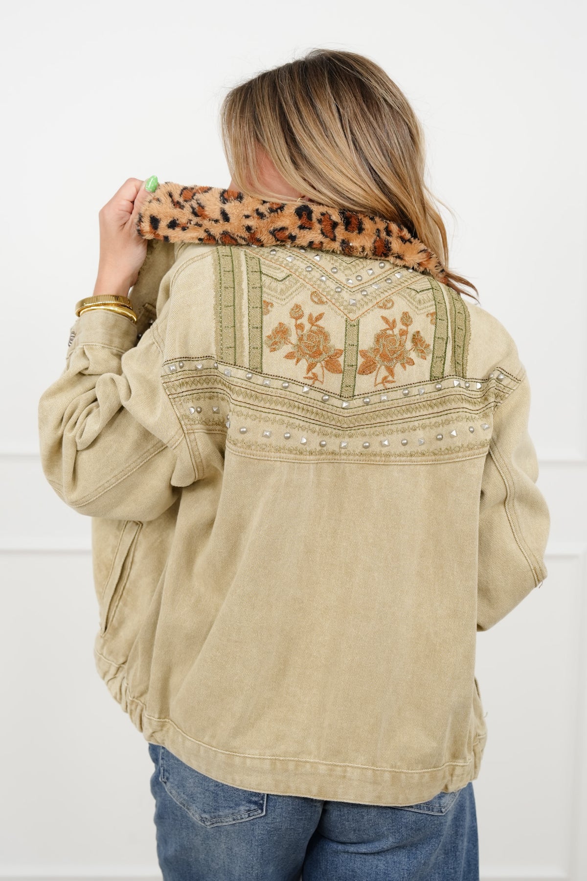 POL Long Sleeve Jacket with Leopard Collar - Freckled Poppy