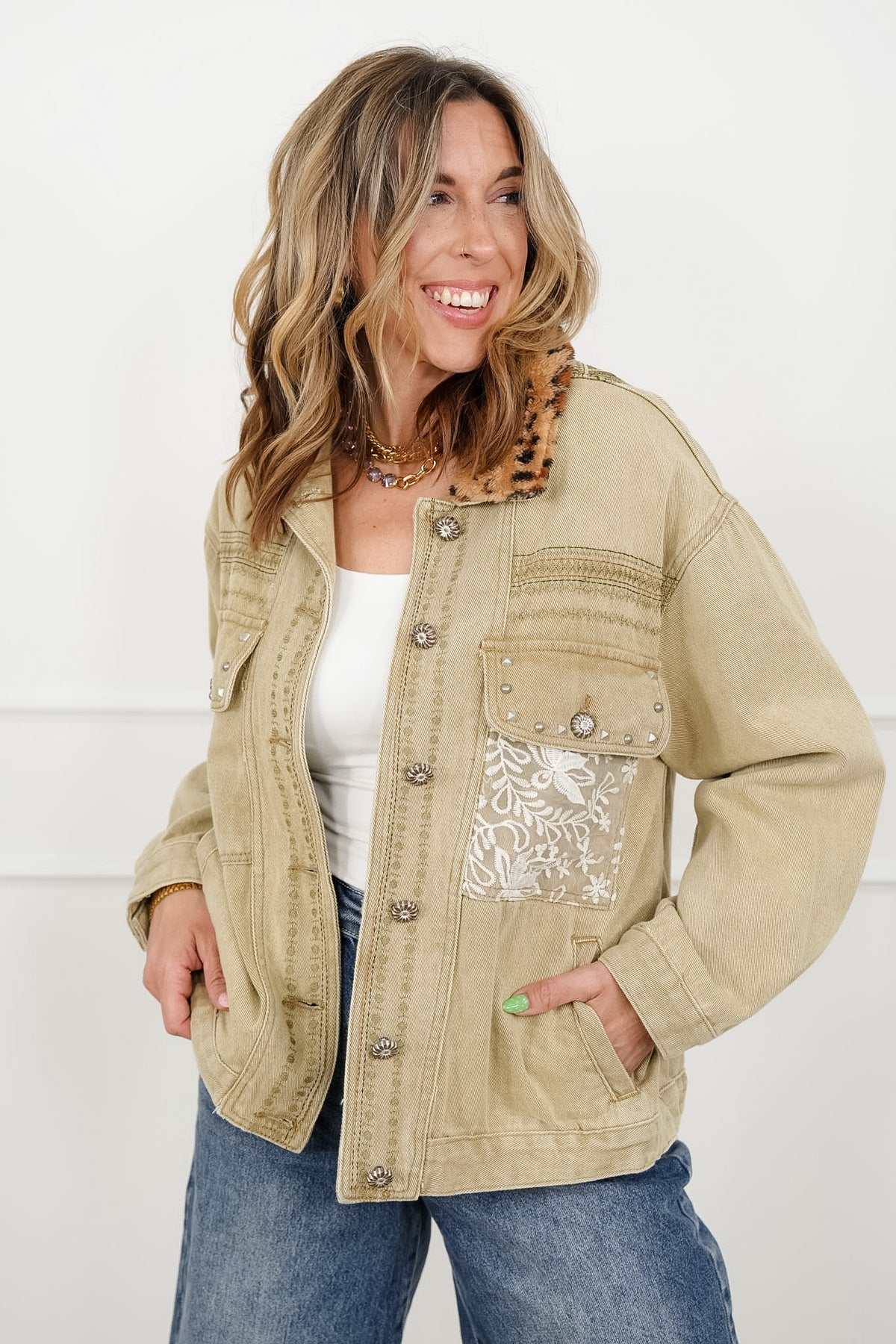 POL Long Sleeve Jacket with Leopard Collar - Freckled Poppy
