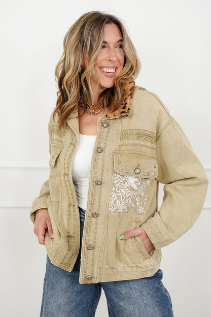 POL Long Sleeve Jacket with Leopard Collar - Freckled Poppy