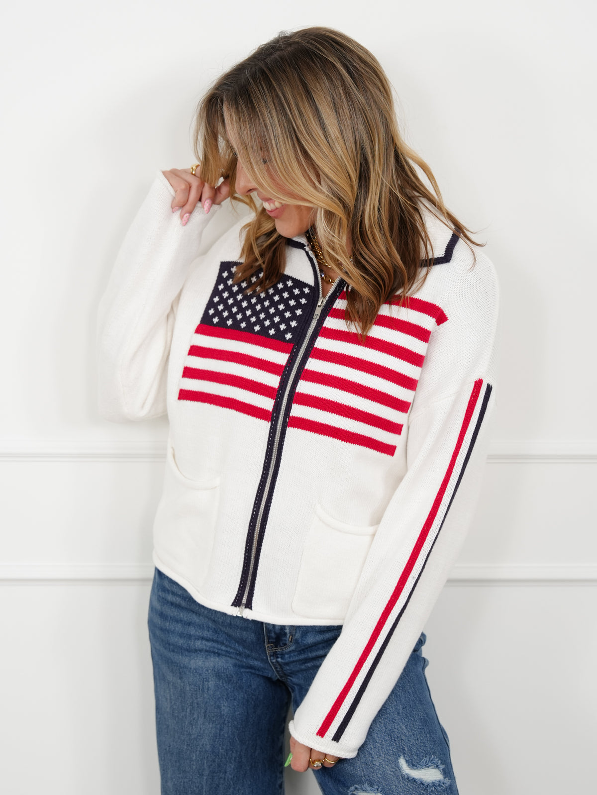 Long Sleeve American Flag Zip-Up Sweater Jacket - Freckled Poppy