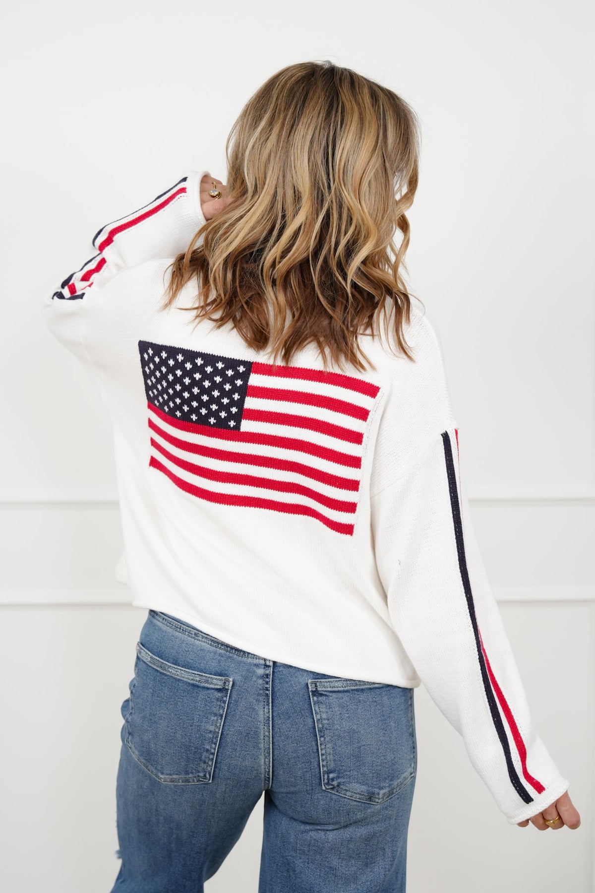 Long Sleeve American Flag Zip-Up Sweater Jacket - Freckled Poppy