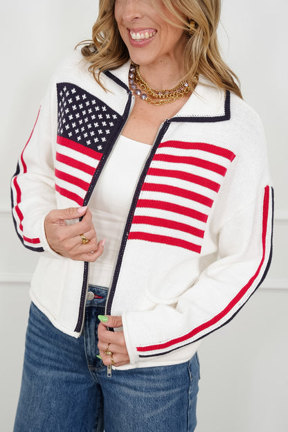 Long Sleeve American Flag Zip-Up Sweater Jacket - Freckled Poppy
