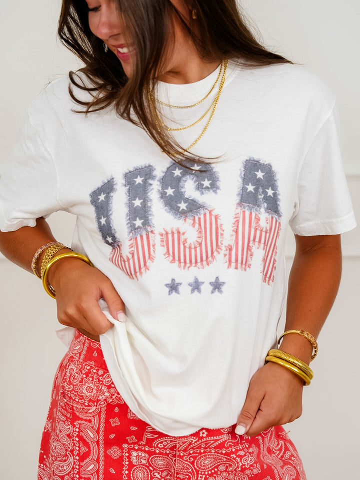 Plus/Reg Short Sleeve "USA Frayed Flag" Graphic Tee - Freckled Poppy