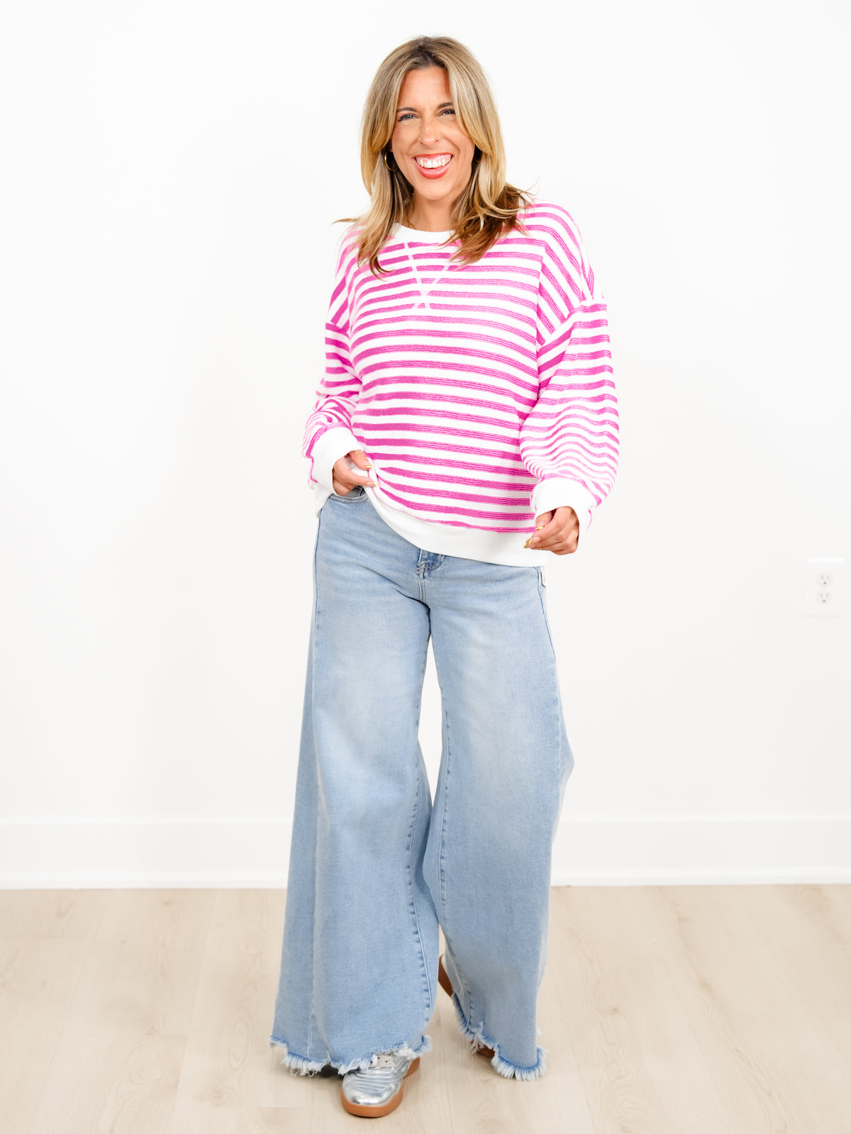 Door Buster! Plus/Reg Zenana Striped Rib Banded Pullover - Freckled Poppy