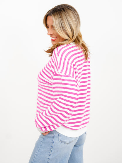 Door Buster! Plus/Reg Zenana Striped Rib Banded Pullover - Freckled Poppy