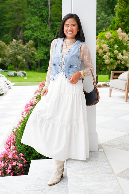 White Elastic Waist Tiered Midi Skirt - Freckled Poppy