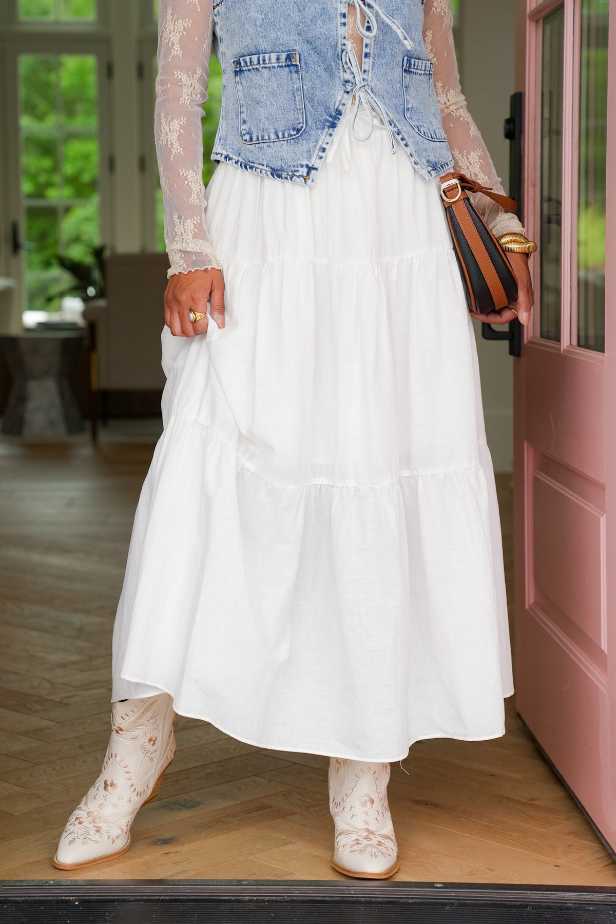 White Elastic Waist Tiered Midi Skirt - Freckled Poppy