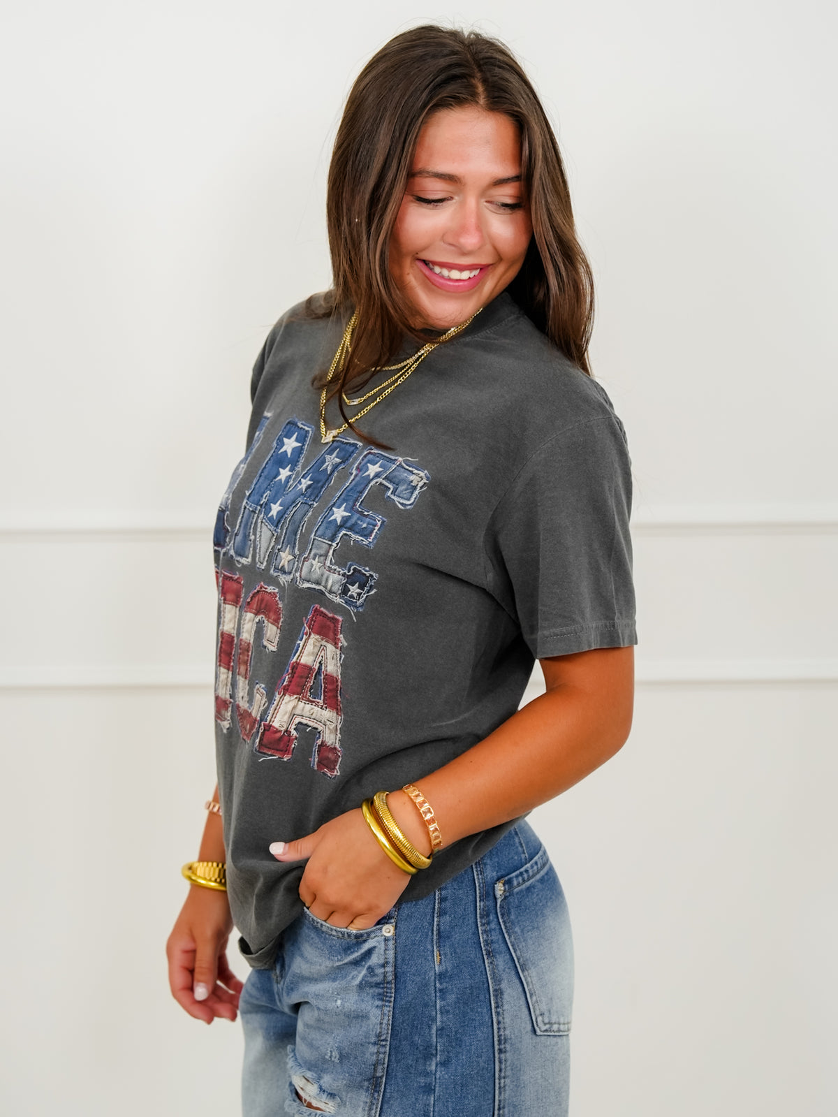 Plus/Reg Short Sleeve "America" Graphic Tee - Freckled Poppy