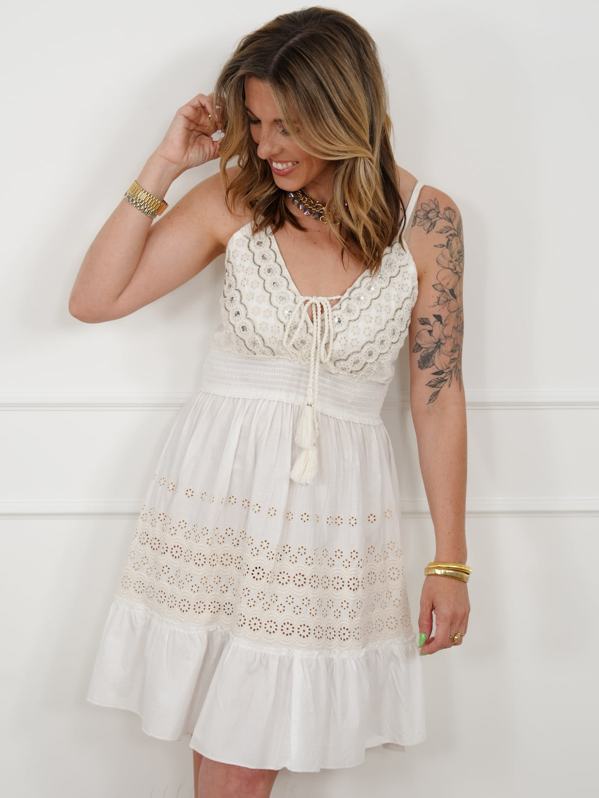 POL Embroidered Eyelet Sleeveless V Neck Dress - Freckled Poppy