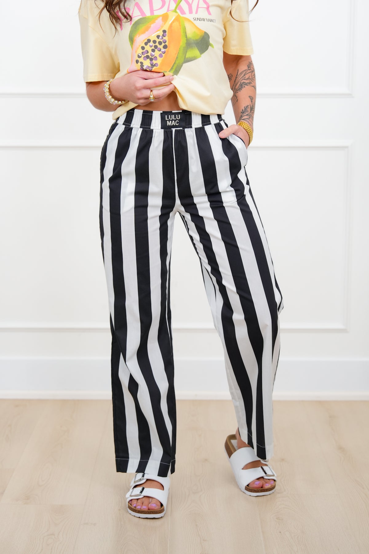 Lulu Mac Stripe Elastic Waist Pants with Side Pockets - Freckled Poppy