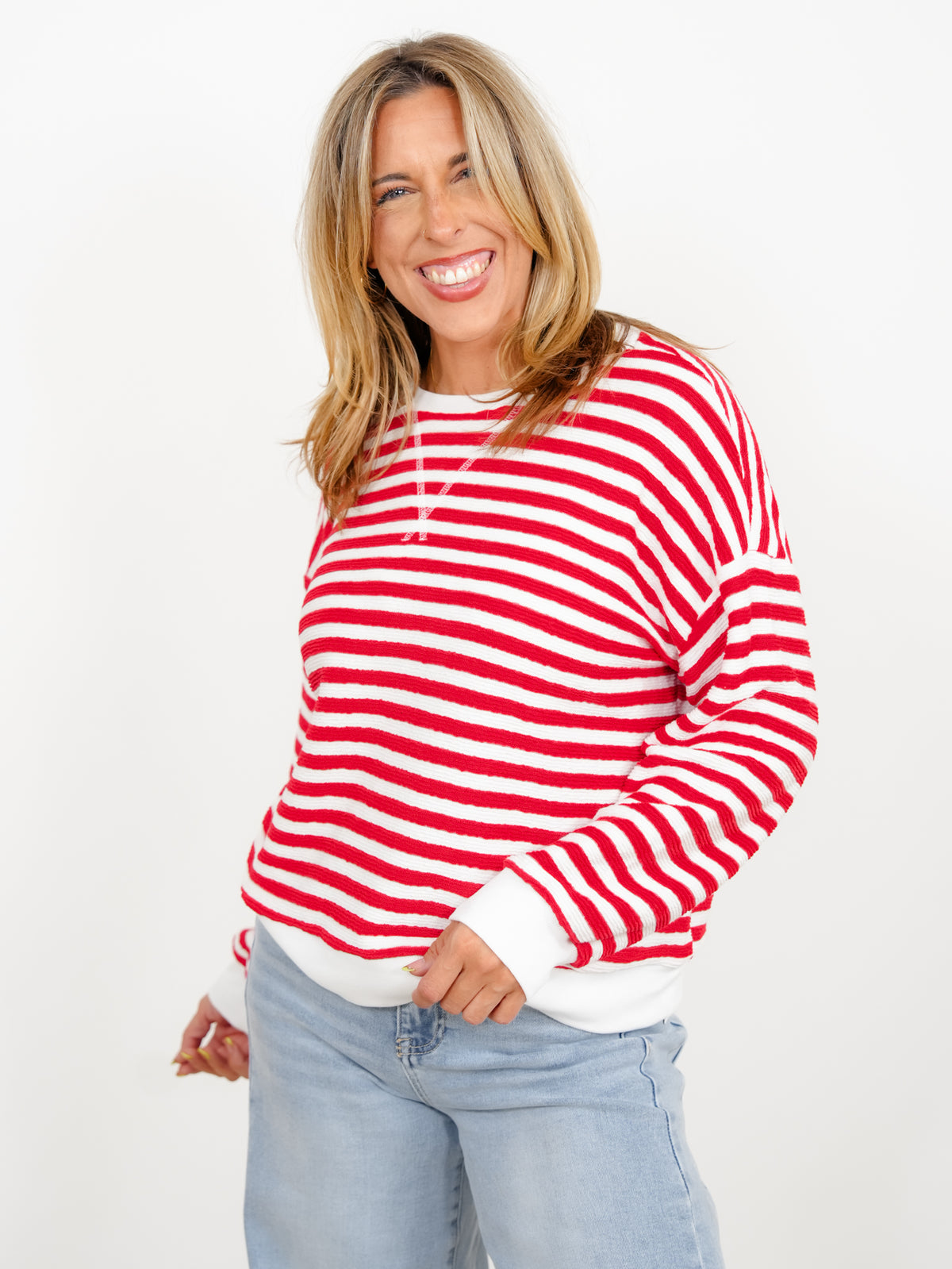 Door Buster! Plus/Reg Zenana Striped Rib Banded Pullover - Freckled Poppy
