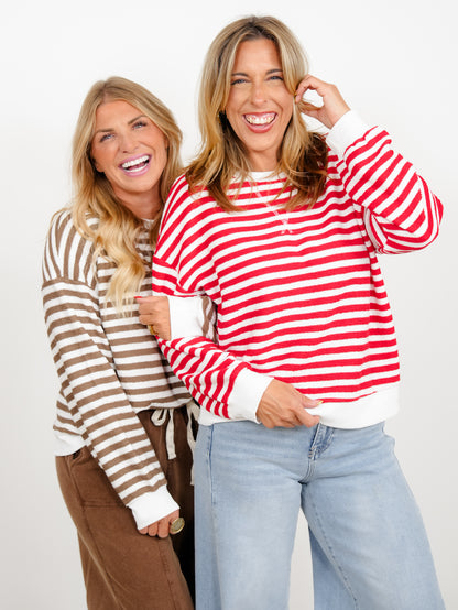 Door Buster! Plus/Reg Zenana Striped Rib Banded Pullover - Freckled Poppy