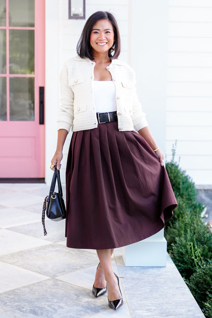 Solid Pleated Midi Skirt With Belt - Freckled Poppy