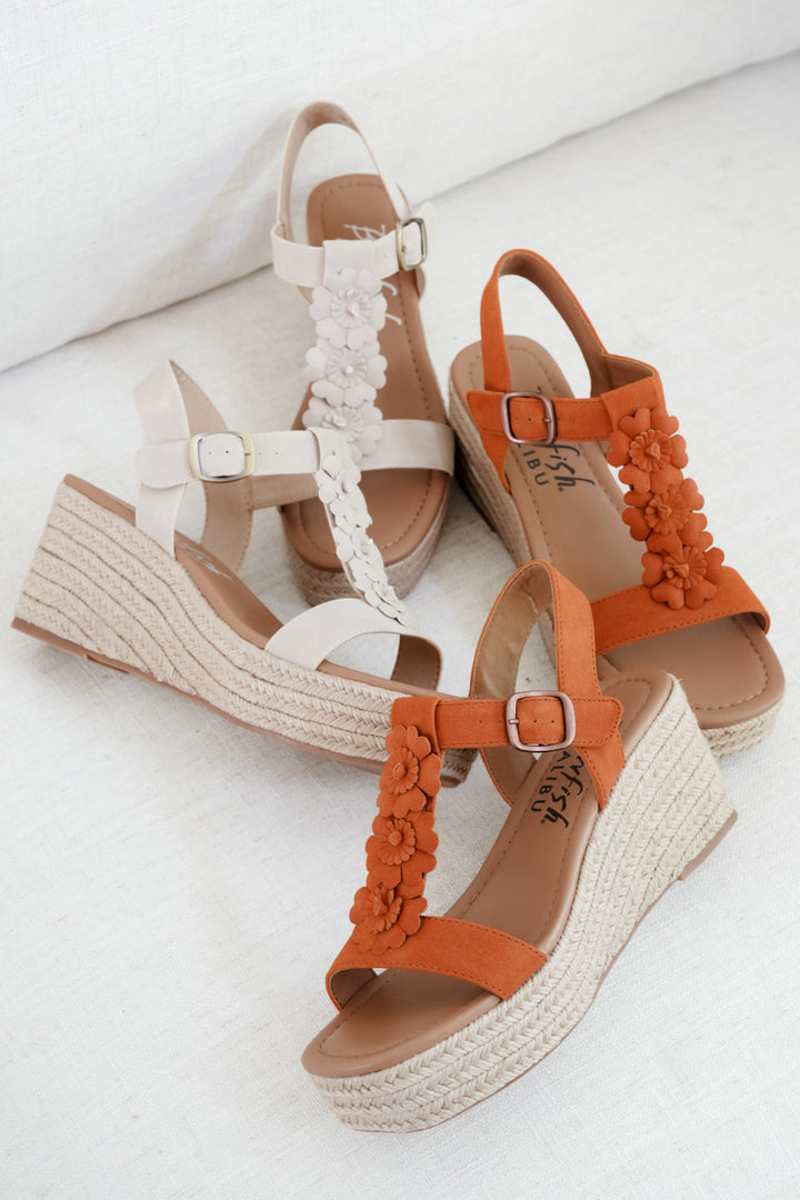 Blowfish Braided Raffia Platform Wedge Sandal with Floral Detail - Freckled Poppy