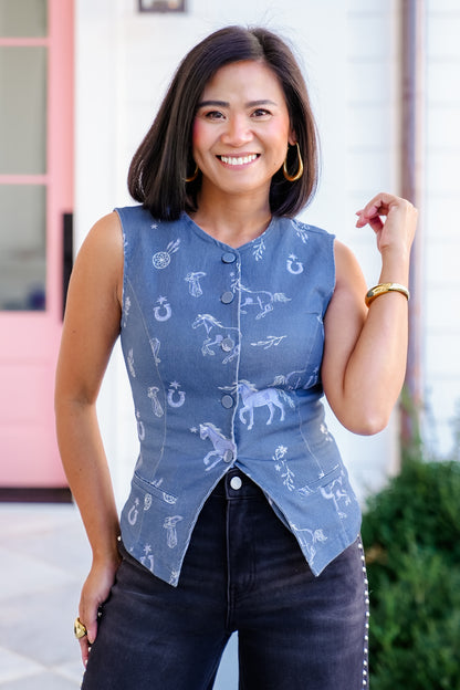 Western Print Button Down Vest - Freckled Poppy