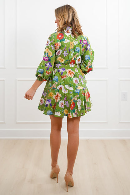 Floral Pattern 3/4 Sleeve Mini Dress with Waist Belt - Freckled Poppy