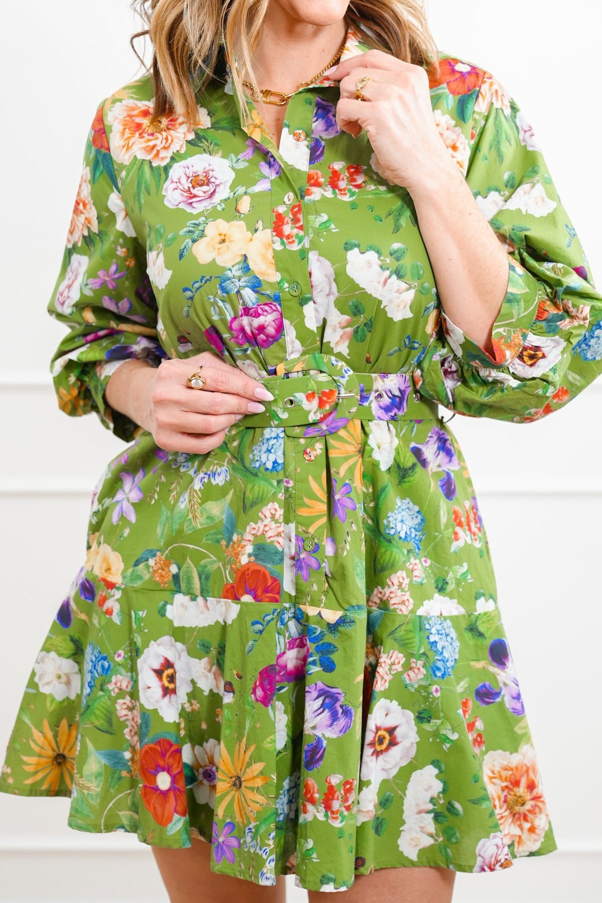 Floral Pattern 3/4 Sleeve Mini Dress with Waist Belt - Freckled Poppy
