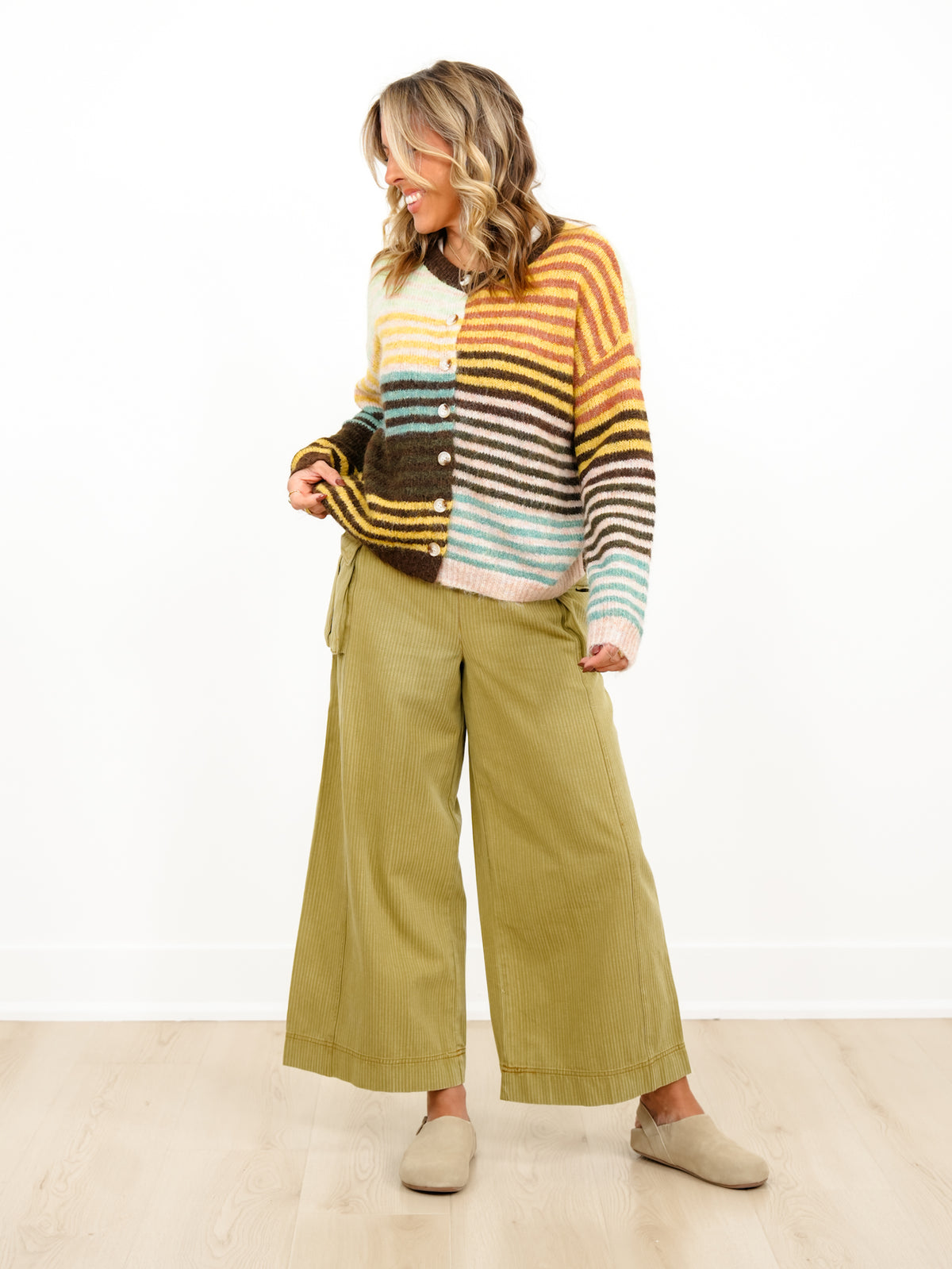 Plus/Reg Color Block Stripe Long Sleeve Button Down Cardigan - Freckled Poppy