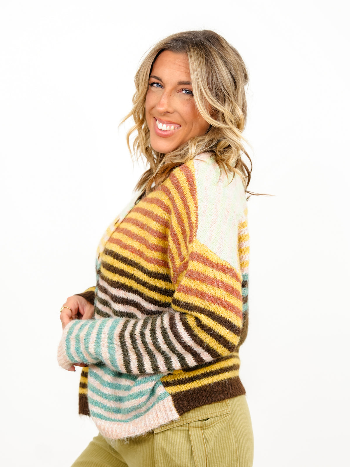 Plus/Reg Color Block Stripe Long Sleeve Button Down Cardigan - Freckled Poppy