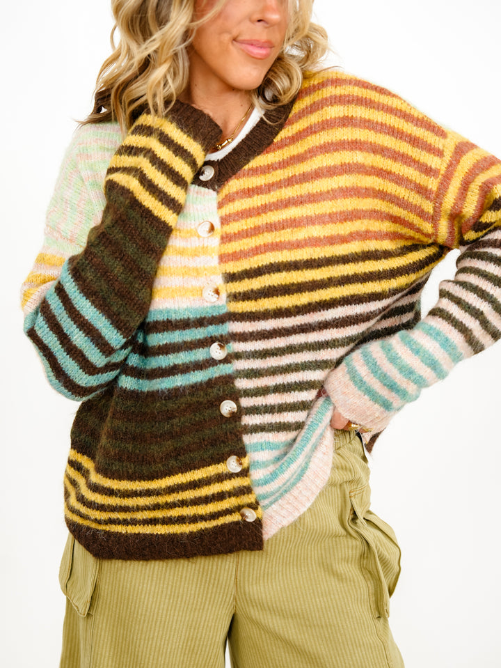 Plus/Reg Color Block Stripe Long Sleeve Button Down Cardigan - Freckled Poppy