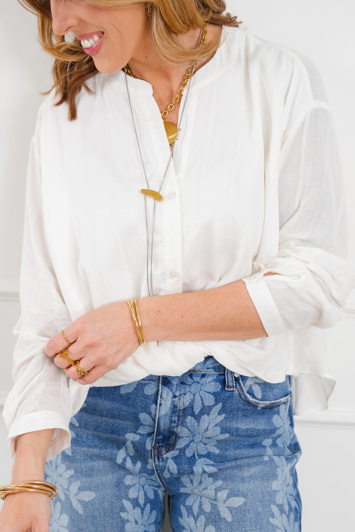 Plus/Reg The Effortlessly Chic Blouse White Stripe Long Sleeve High Low Twist Knot Top - Freckled Poppy