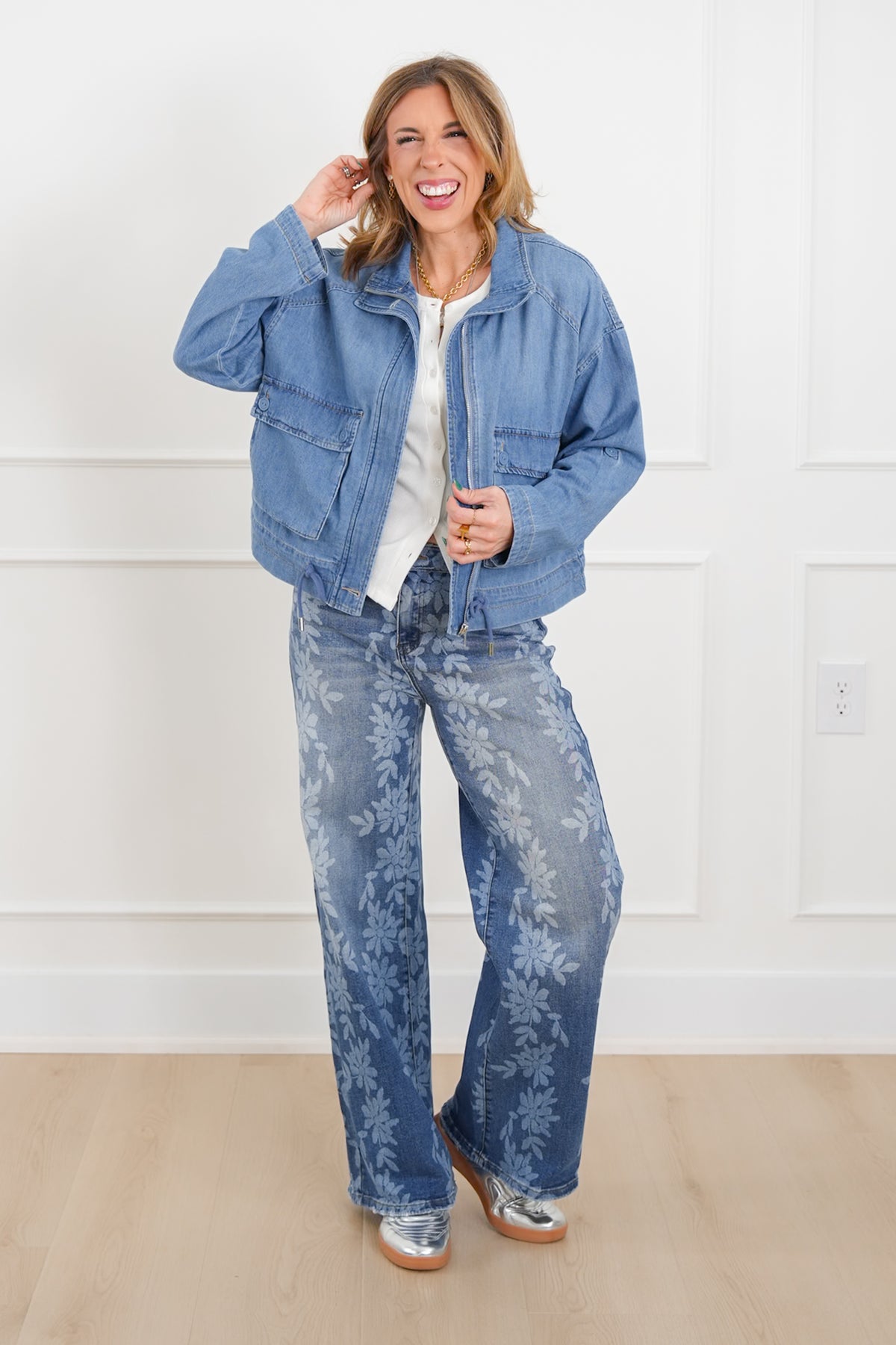 Plus/Reg Risen Medium Wash Long Sleeve Jacket with Cargo Pockets - Freckled Poppy
