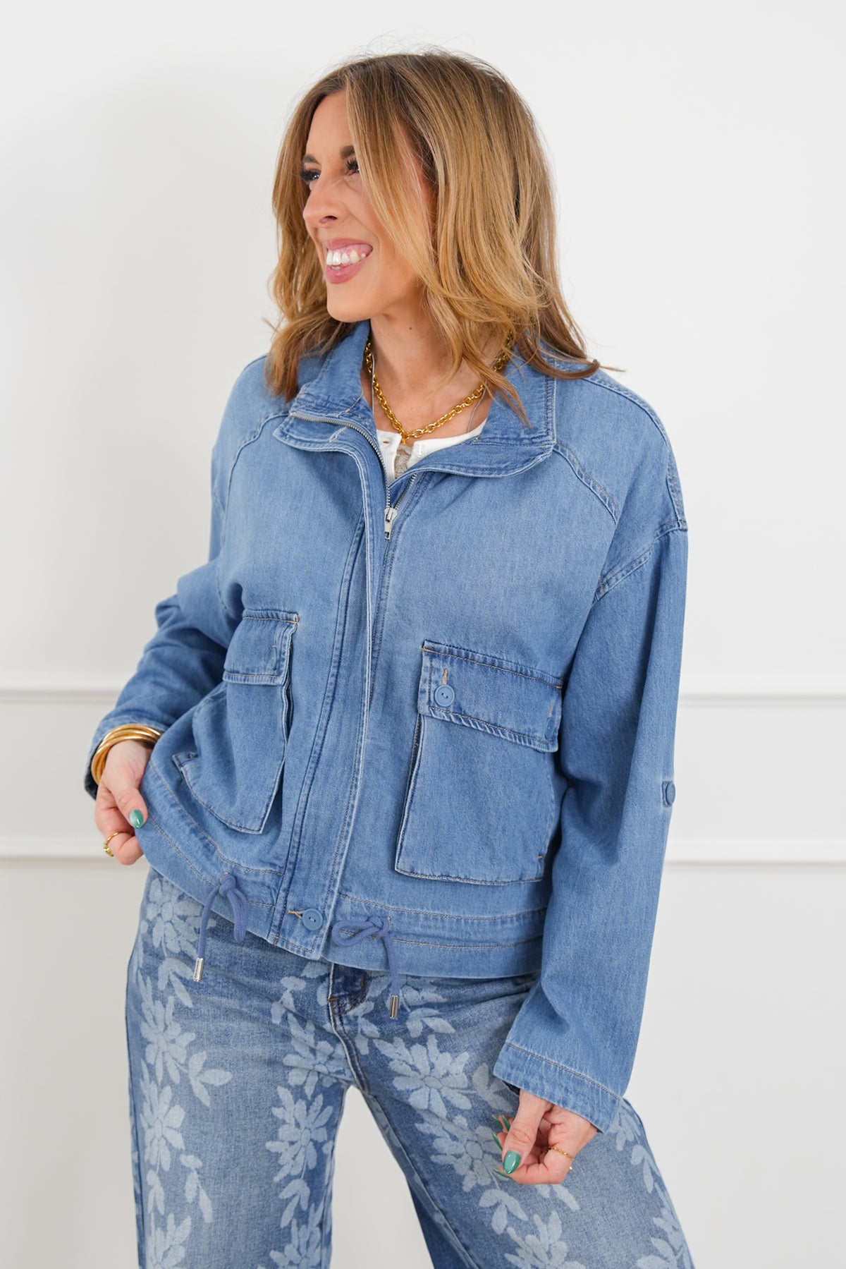 Plus/Reg Risen Medium Wash Long Sleeve Jacket with Cargo Pockets - Freckled Poppy