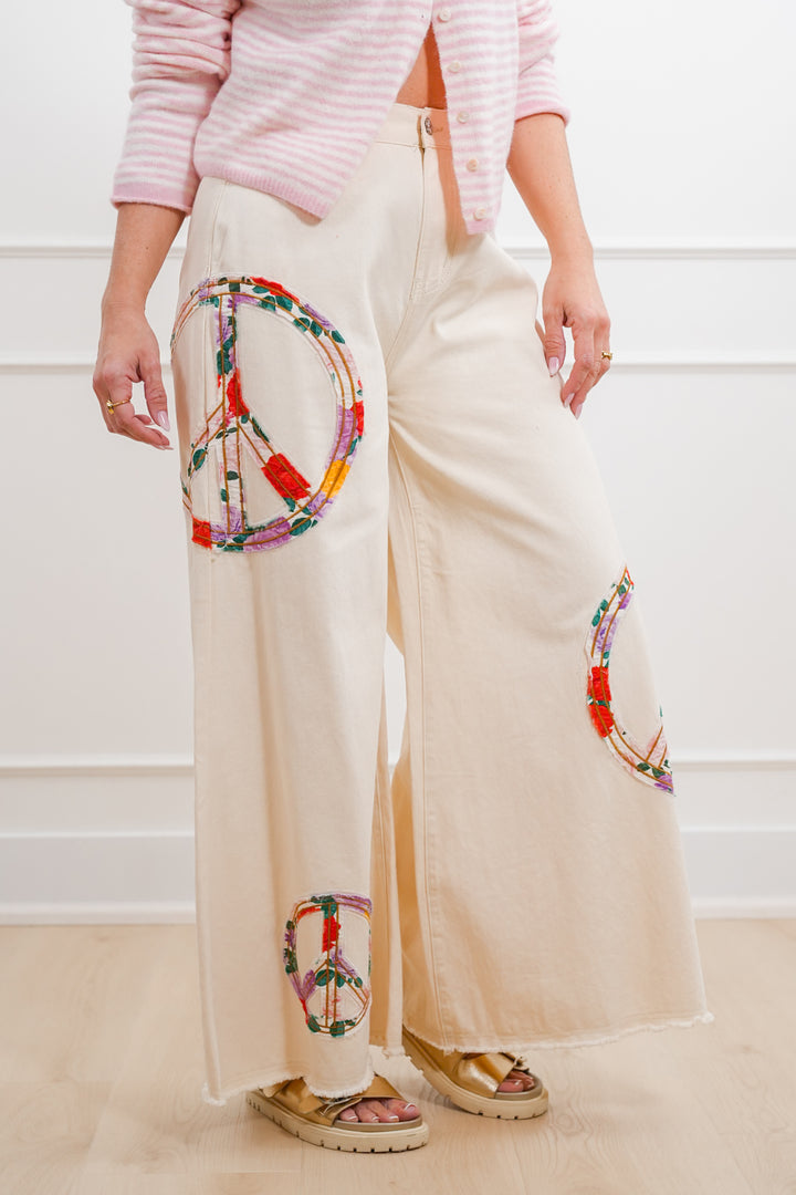 POL High Waisted Wide Leg Pants with Peace Sign Patch - Freckled Poppy