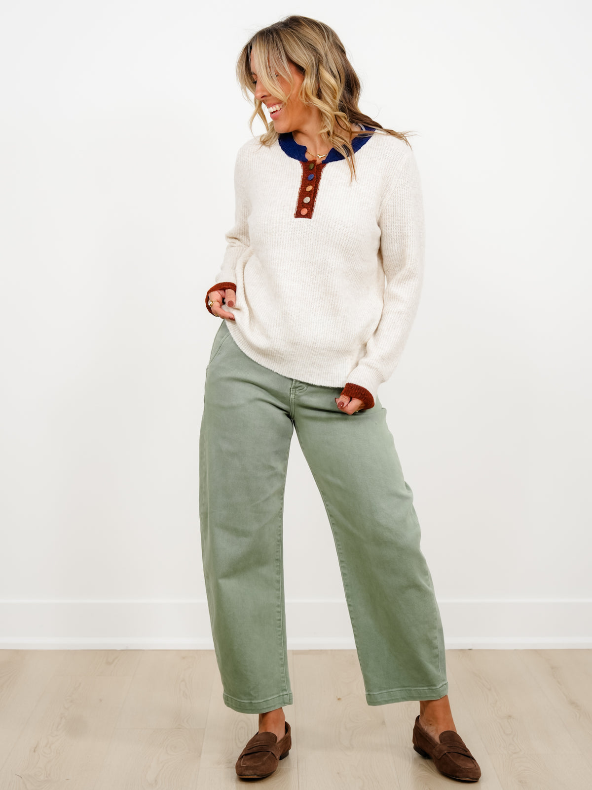 Long Sleeve Button Up Sweater with Contrast Trim - Freckled Poppy