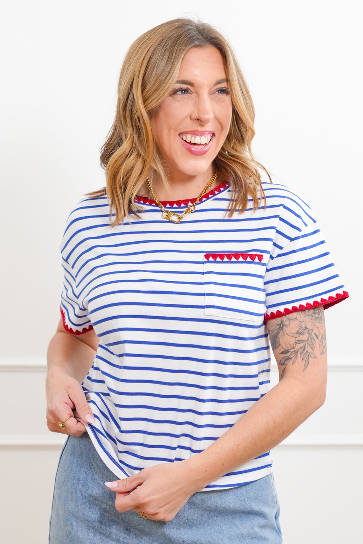 Stripe Short Sleeve Top with Crochet Trim Detail - Freckled Poppy