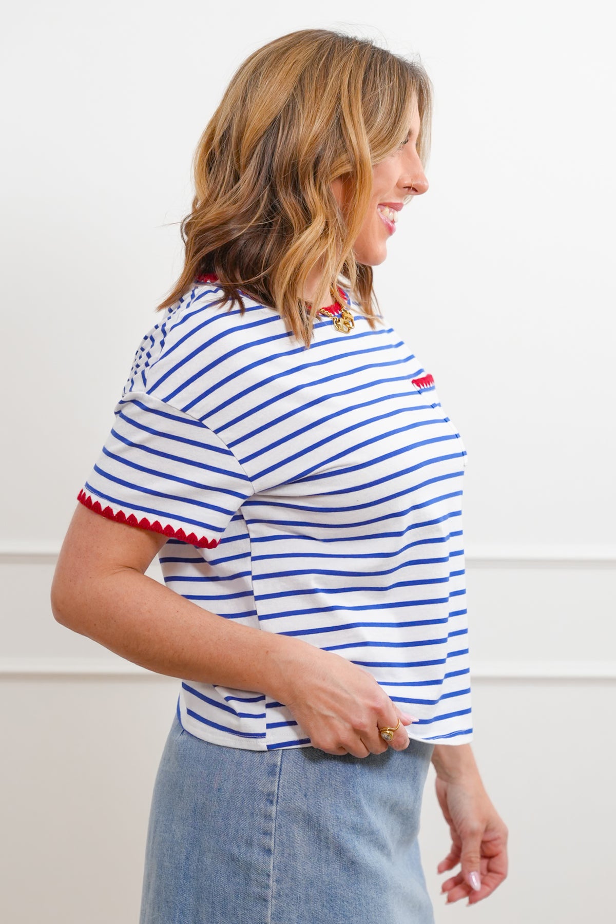Stripe Short Sleeve Top with Crochet Trim Detail - Freckled Poppy