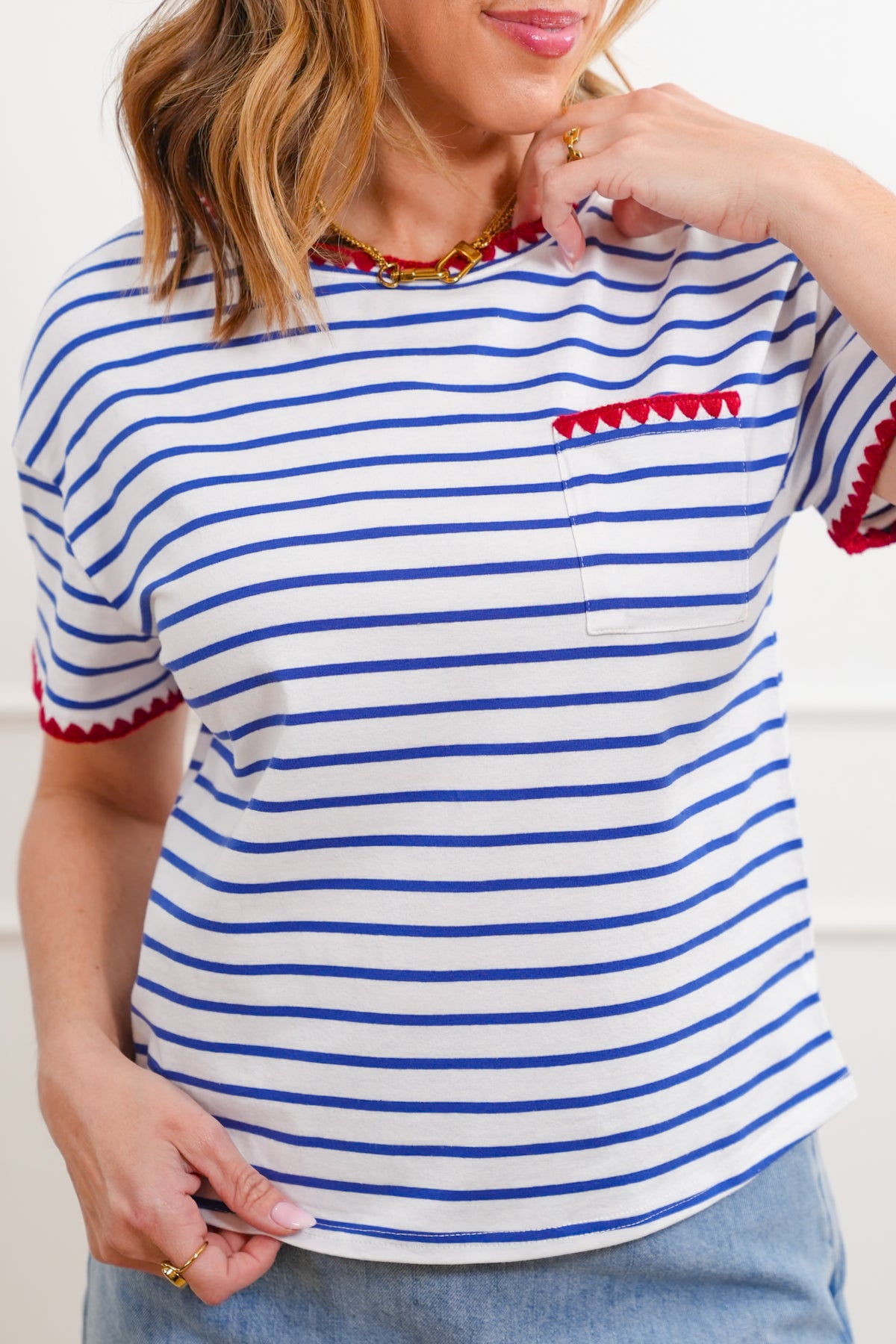 Stripe Short Sleeve Top with Crochet Trim Detail - Freckled Poppy