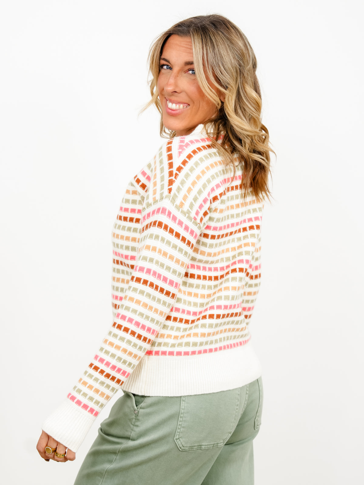 Multi Color Stripe Textured Long Sleeve Pullover Sweater