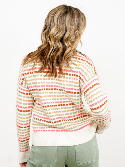 Multi Color Stripe Textured Long Sleeve Pullover Sweater