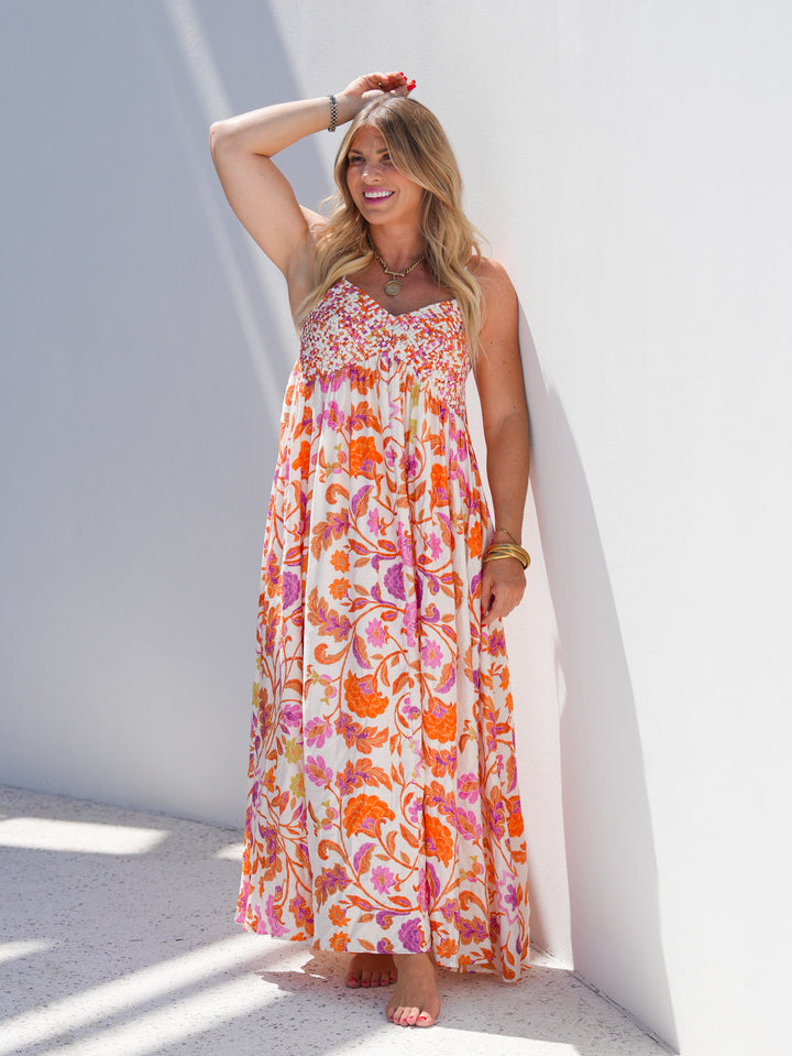 Floral Print Sleeveless Lattice Bodice Maxi Dress - Freckled Poppy