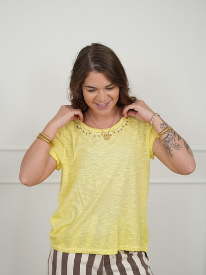 POL Cotton Blend Short Sleeve Round Neck Top - Freckled Poppy