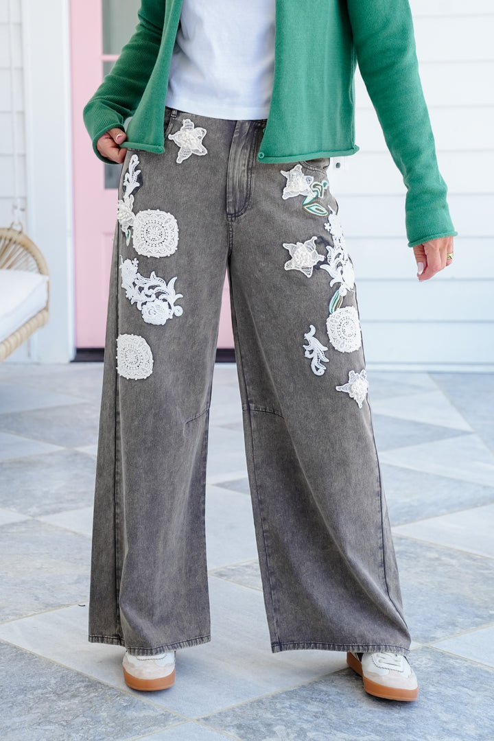 Straight Leg Pants with Floral Crochet Detail - Freckled Poppy