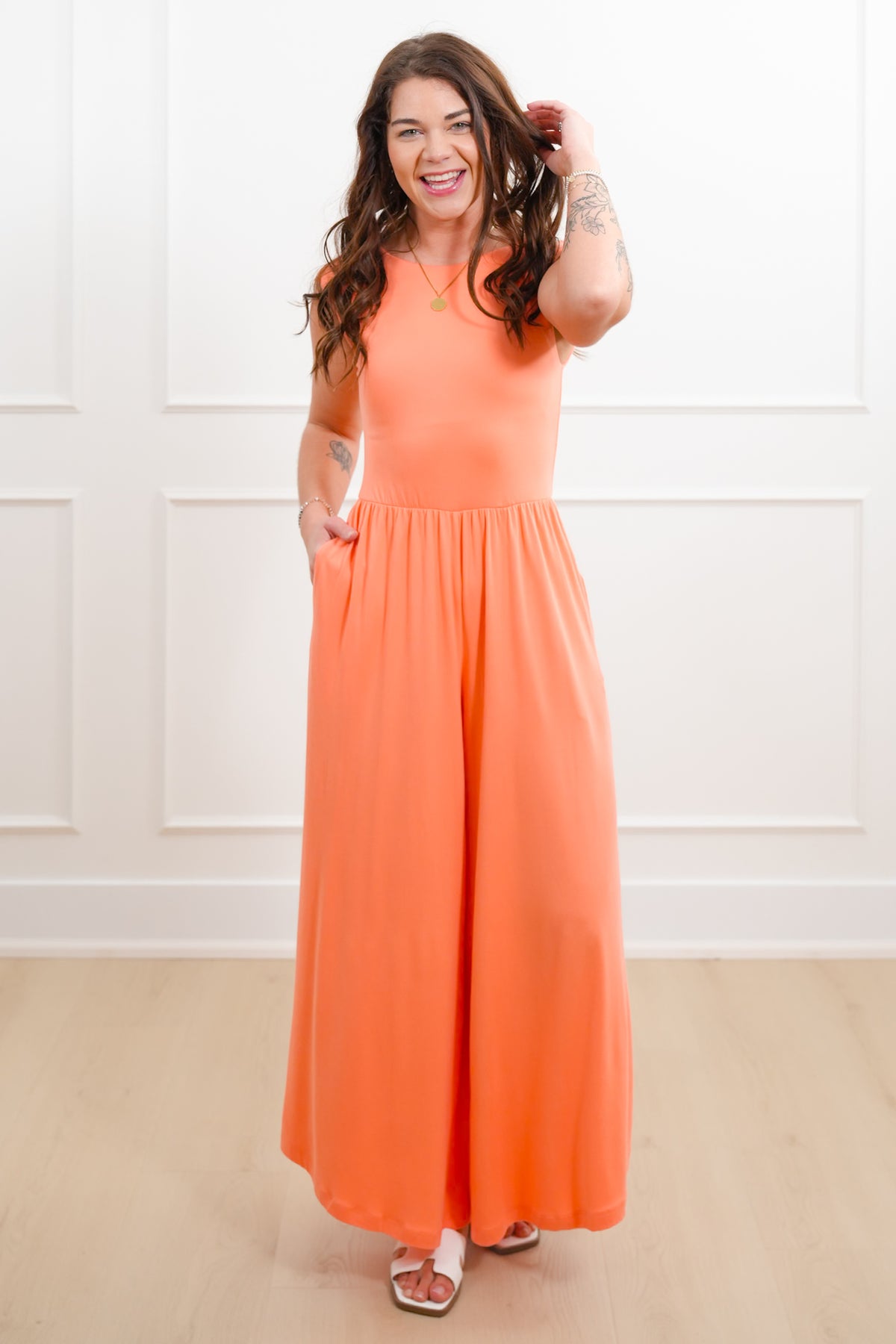 Knit Sleeveless Open Back Wide Leg Jumpsuit - Freckled Poppy