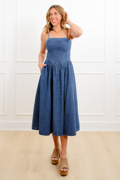 Medium Wash Sleeveless Midi Dress - Freckled Poppy