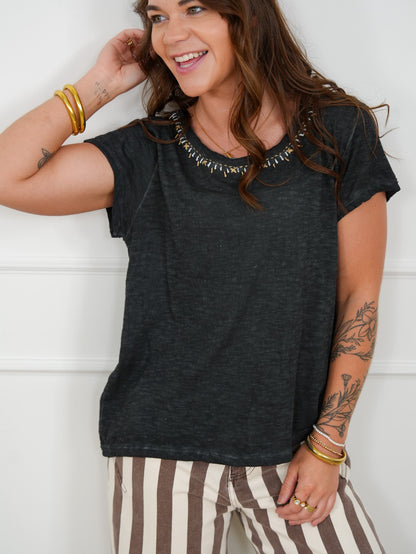 POL Cotton Blend Short Sleeve Round Neck Top - Freckled Poppy