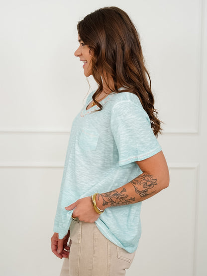 POL Short Sleeve Embroidered Detail V-Neck Top - Freckled Poppy